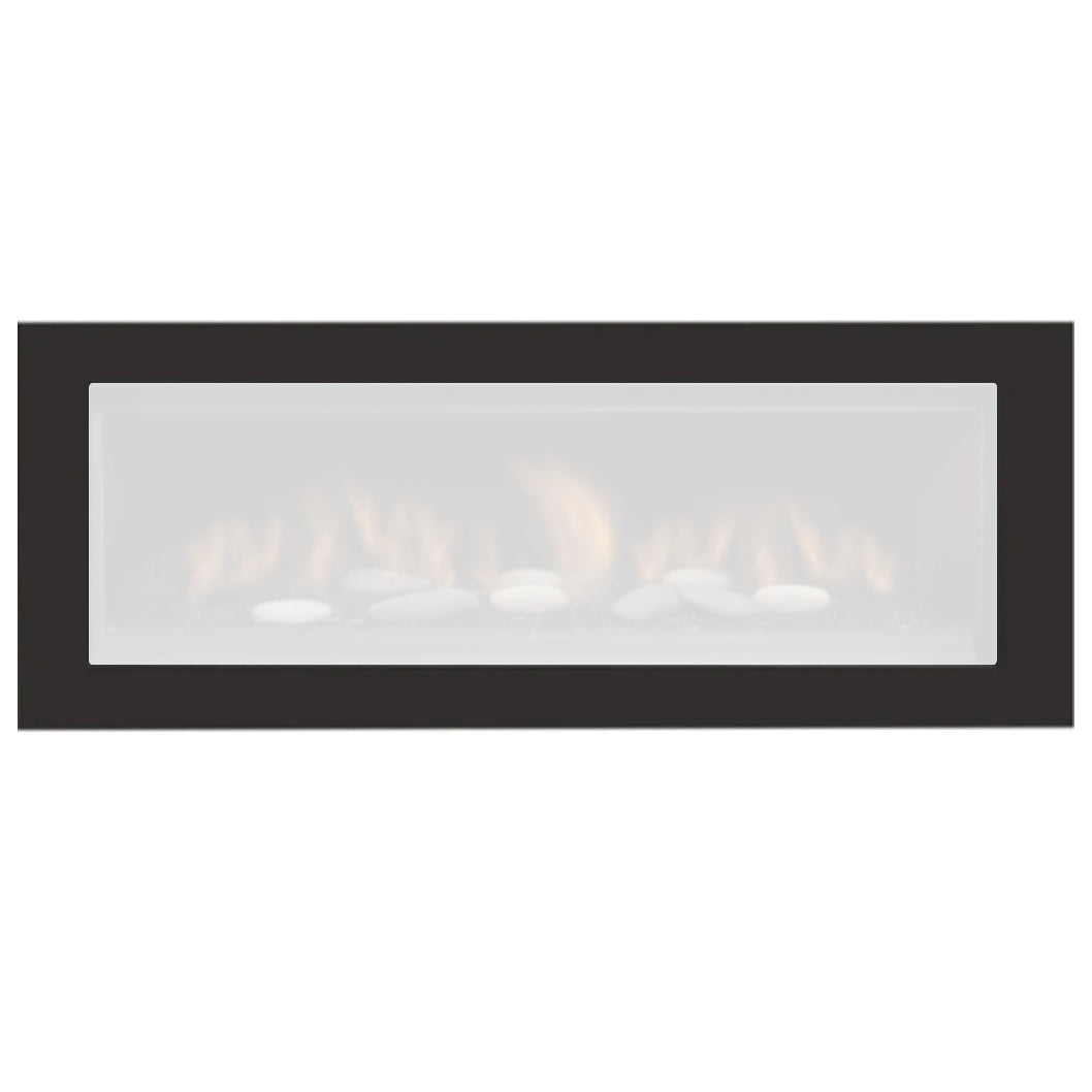 Gas fireplace safety barrier with dark frame and clear viewing window