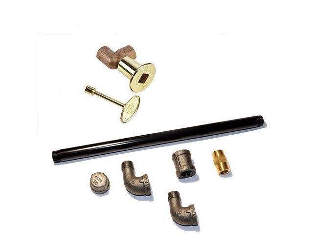 Gas log lighter burner kit with valve, black burner tube and brass connector parts
