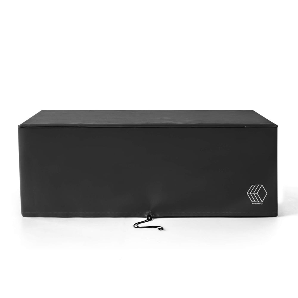 Black vinyl fire pit cover with drawstring tie, rectangular weather cover