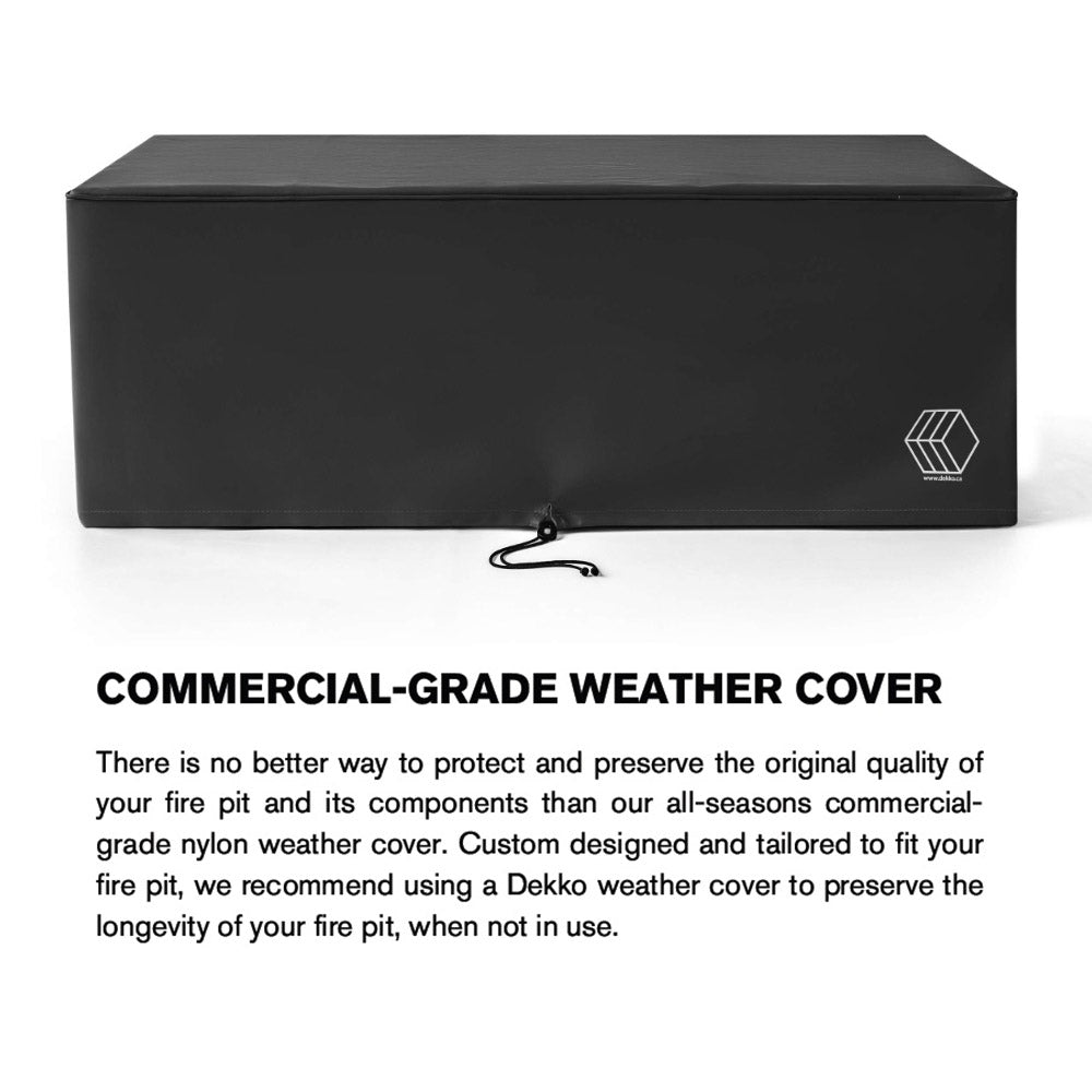 Black vinyl fire pit cover with front drawstring and geometric logo patch