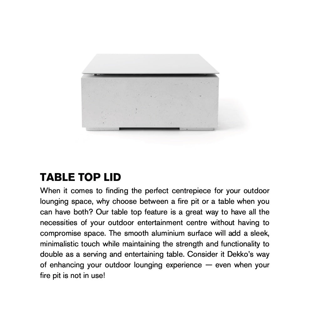 Aluminum tabletop lid with flat square top and front latch detail for outdoor use
