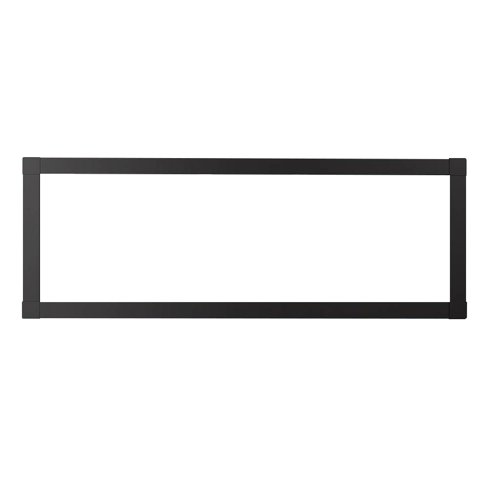Black satin fireplace front panel with rectangular glass frame