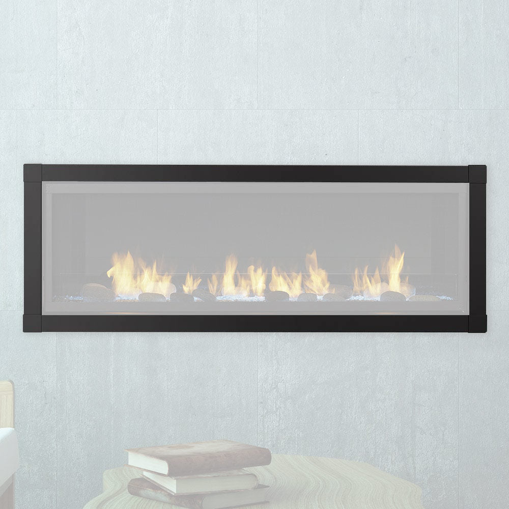 Black satin fireplace front with glass viewing window and visible flames