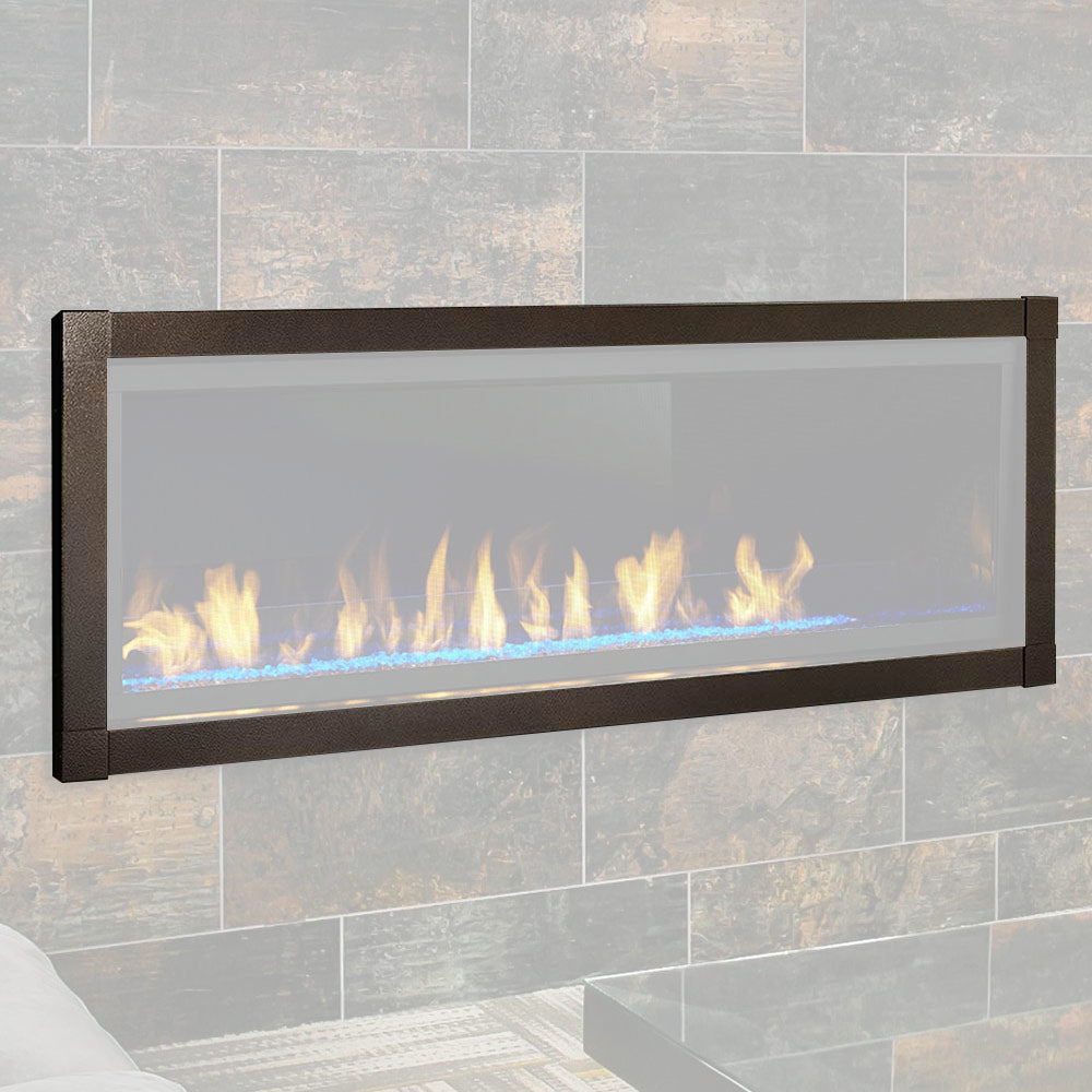 Contemporary fireplace front with dark copper-toned frame, glass panel, and visible flames