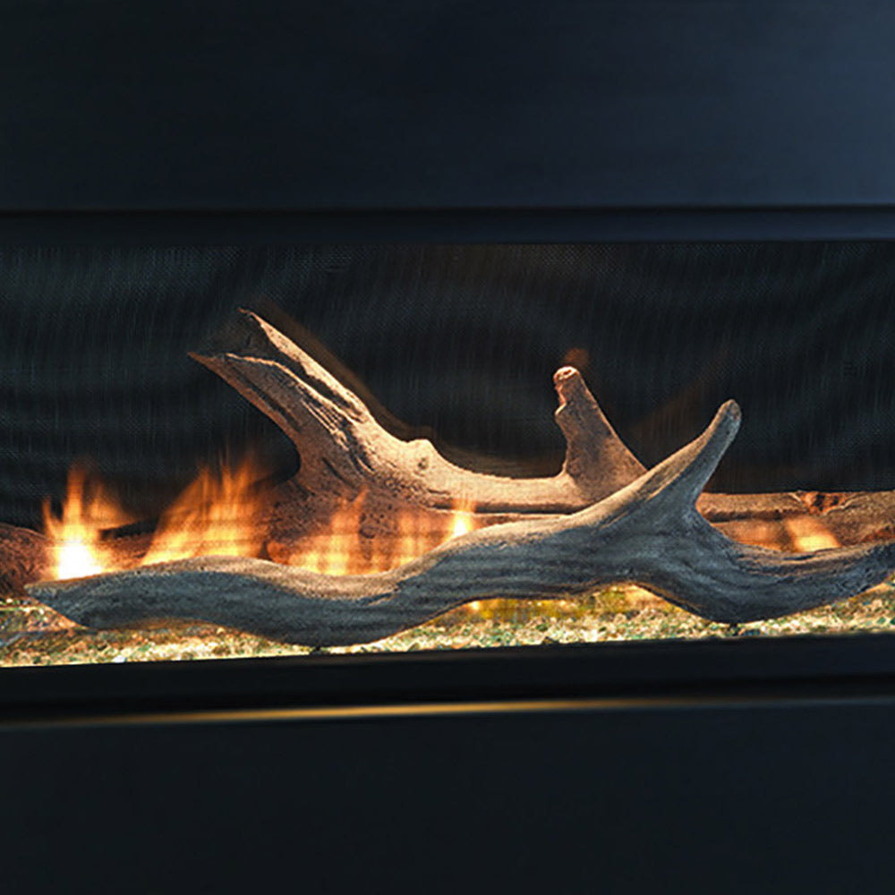 Driftwood-style fireplace log set with blue-gray logs and visible flames