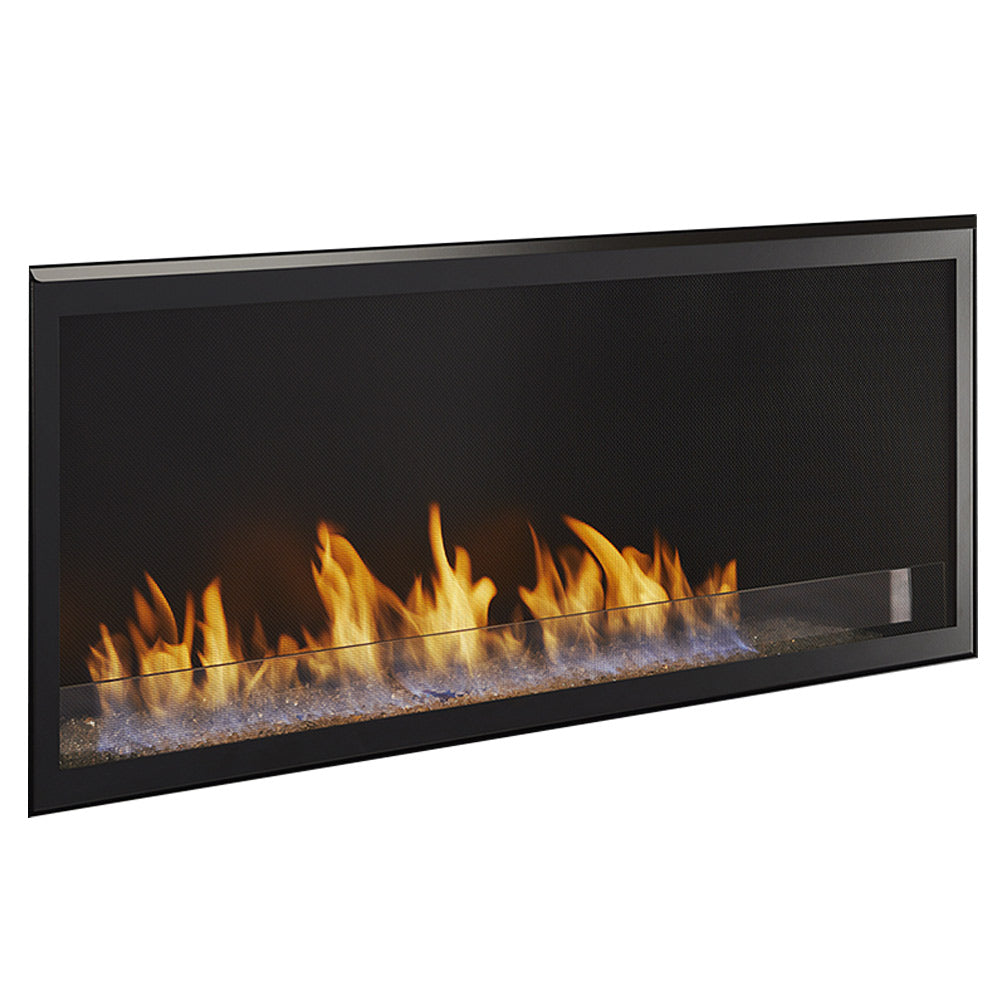 Vent-free gas fireplace with black frame and visible burning flames