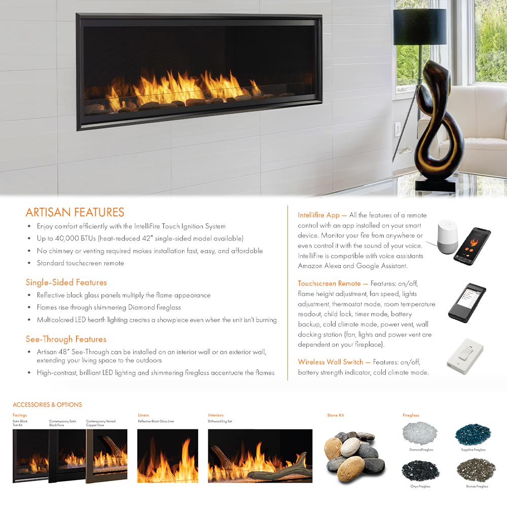 Vent-free gas fireplace with black trim, flames, and touchscreen remote screenshots