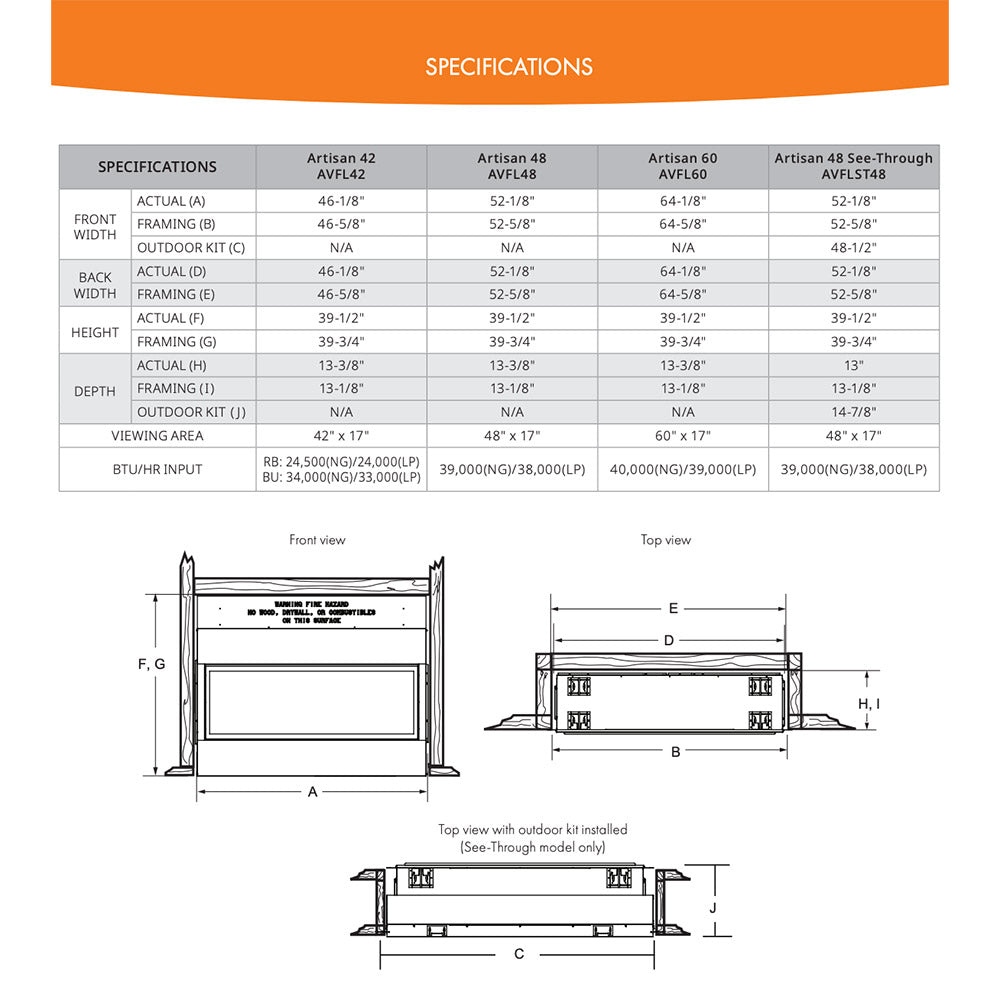 Vent-free gas fireplace specifications page with dimension diagrams
