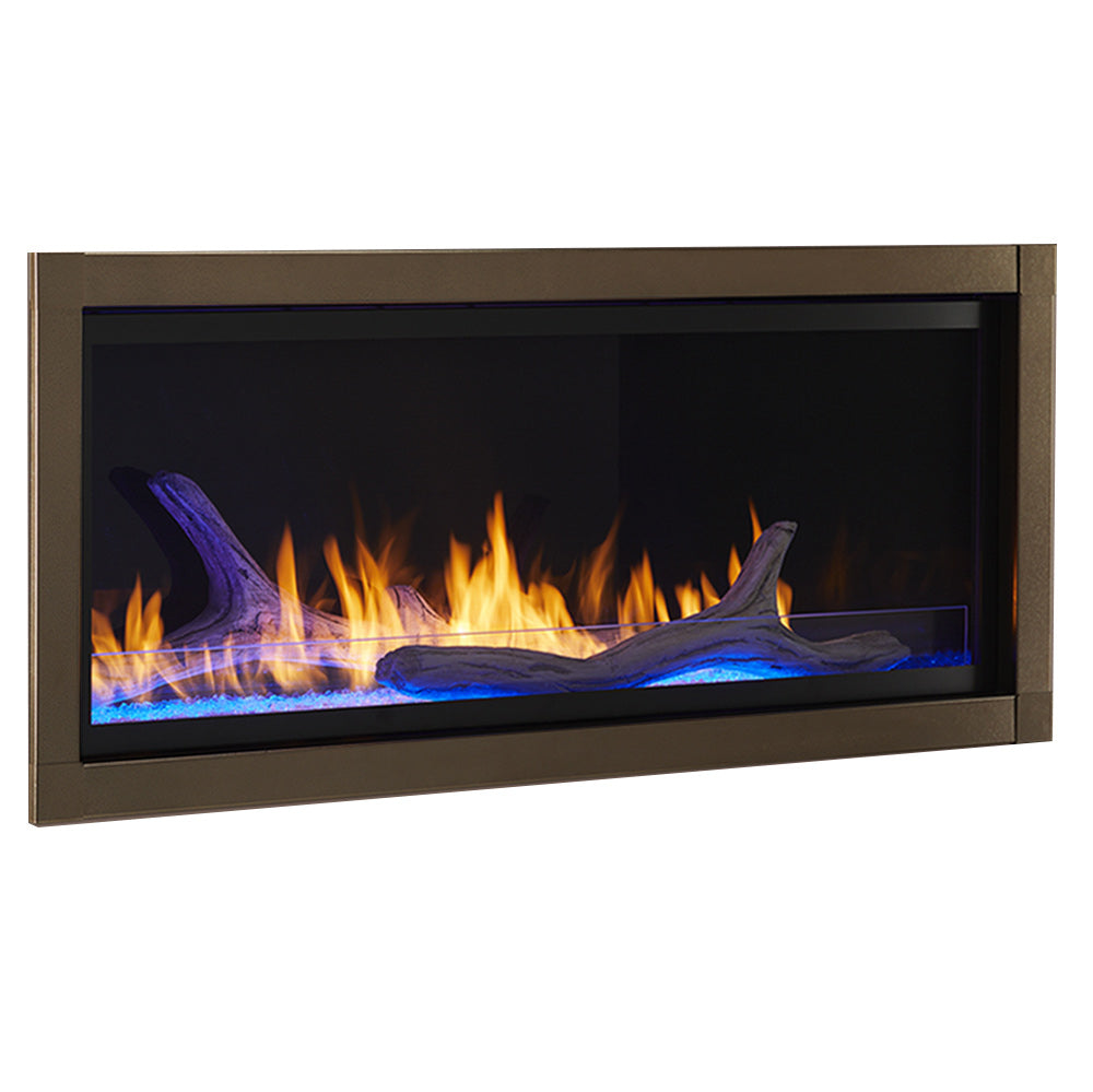 48-inch vent-free gas fireplace with dark trim and glowing flames