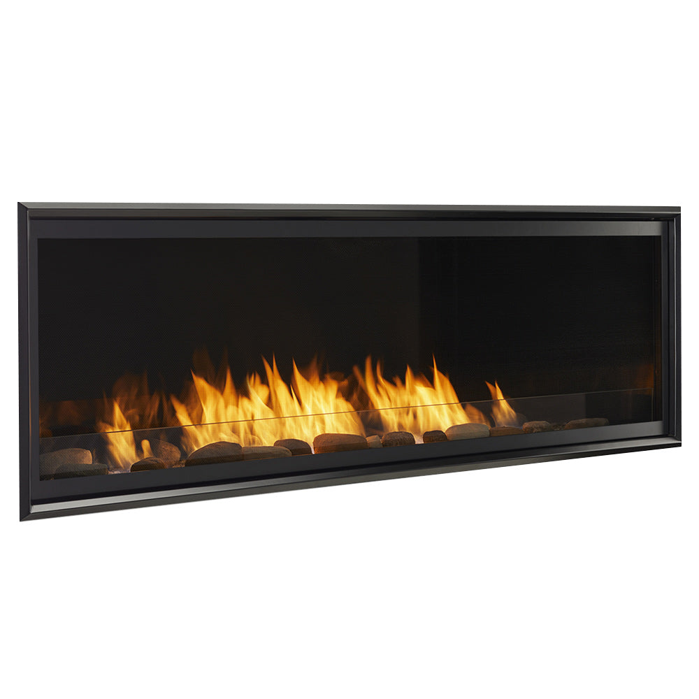Vent-free gas fireplace insert with black frame and burning flames behind glass
