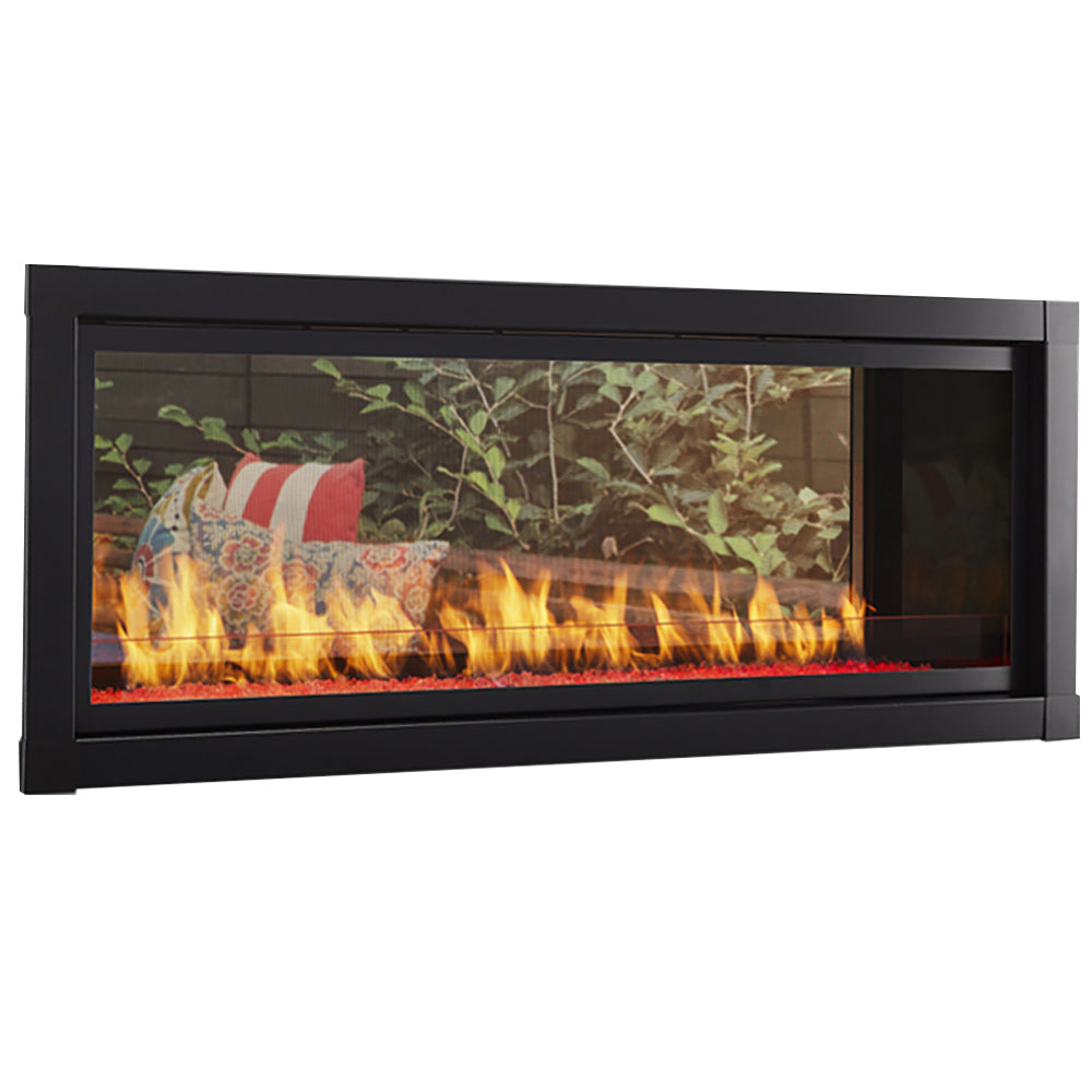 48-inch vent-free see-through gas fireplace with black frame and burning flames in glass