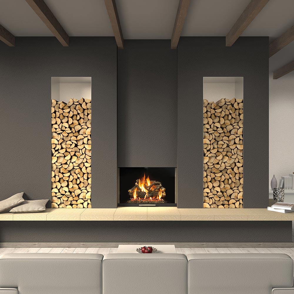 Gas fireplace insert with burning faux logs and glowing flames