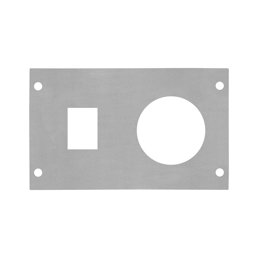 Stainless steel faceplate with square and round cutouts and four mounting holes