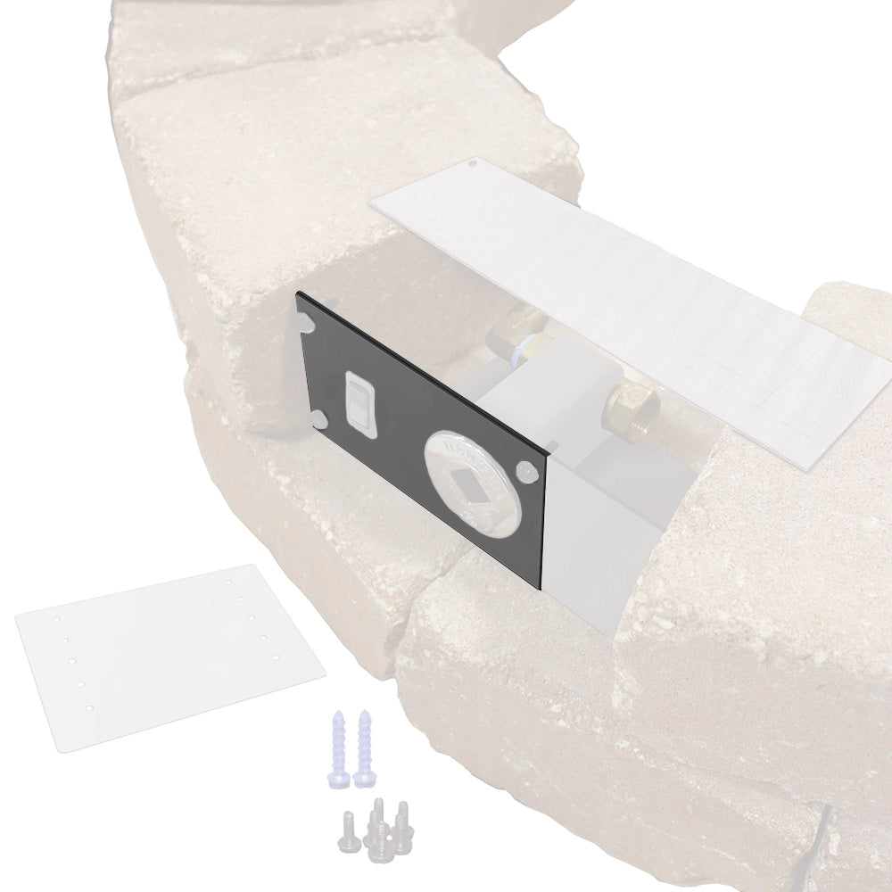 Stainless steel faceplate with circular and square openings plus mounting screws