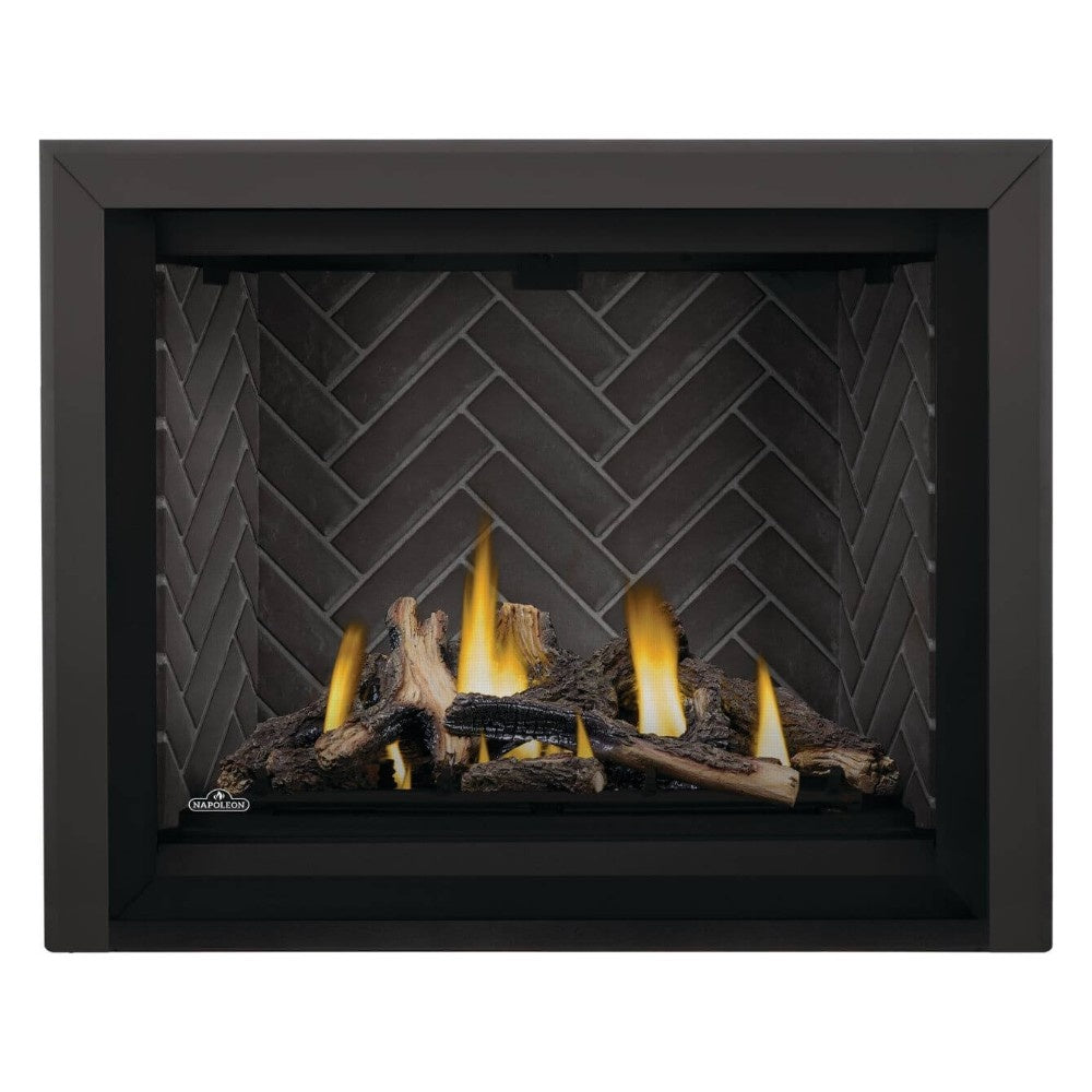 Direct vent gas fireplace with black surround and yellow flames over dark logs and embers