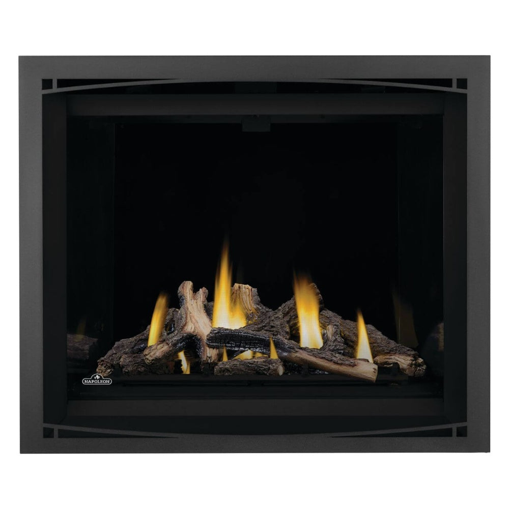 Direct vent gas fireplace with black surround and multiple yellow flames over dark log bed