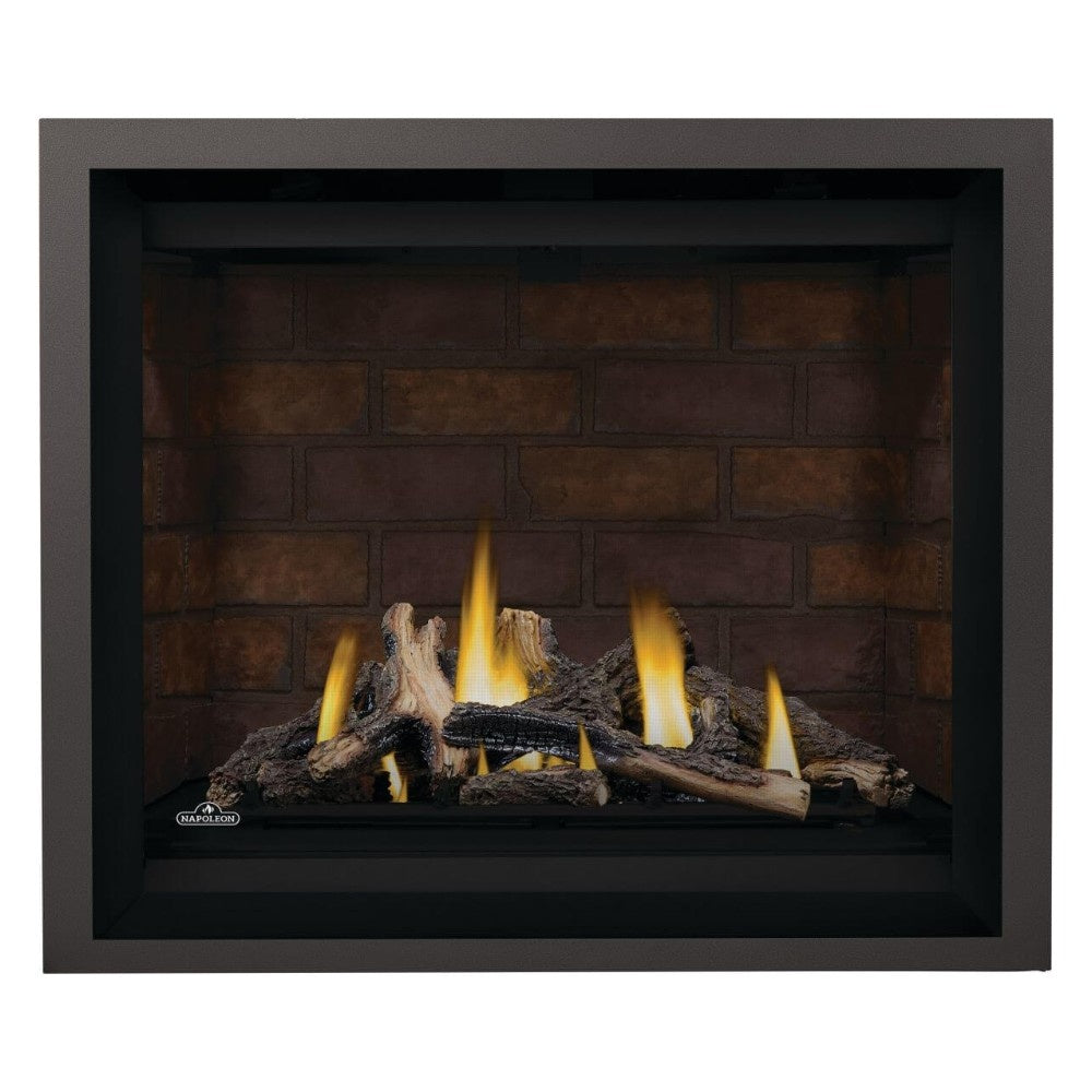 Direct vent gas fireplace with black surround and yellow flames over dark logs