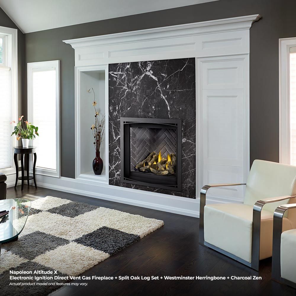 Built-in gas fireplace with black surround and clear glass, burning yellow flames over logs