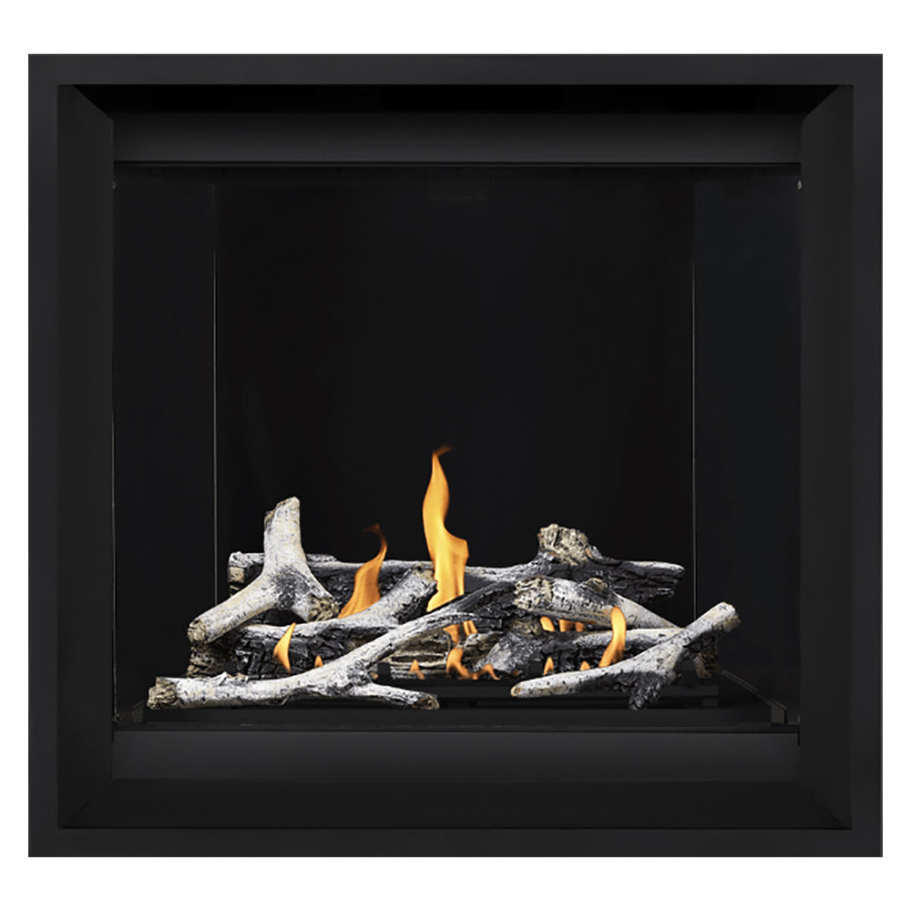 Black direct vent gas fireplace with dark logs and orange flames behind black interior panel