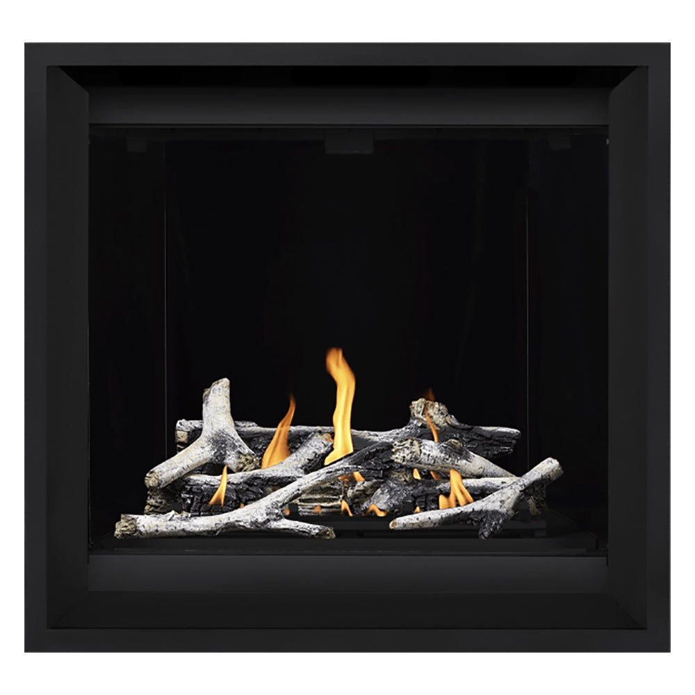 Gas fireplace with black surround and burning log set with light gray logs