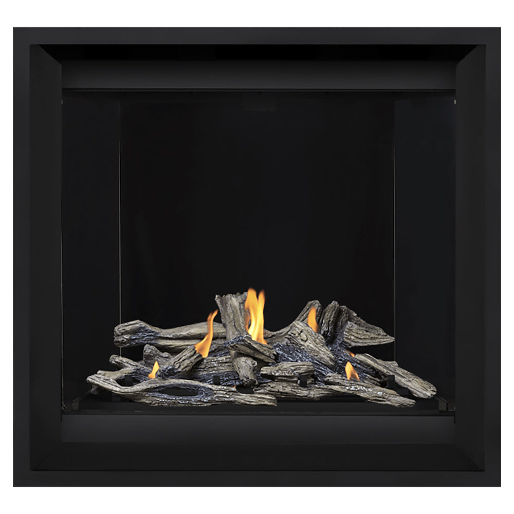 Black gas fireplace with burning faux logs and dark interior