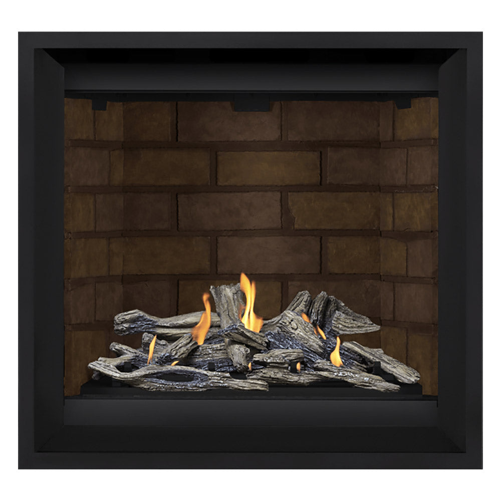 Black direct vent gas fireplace with dark logs, orange flames, and brown brick back panel