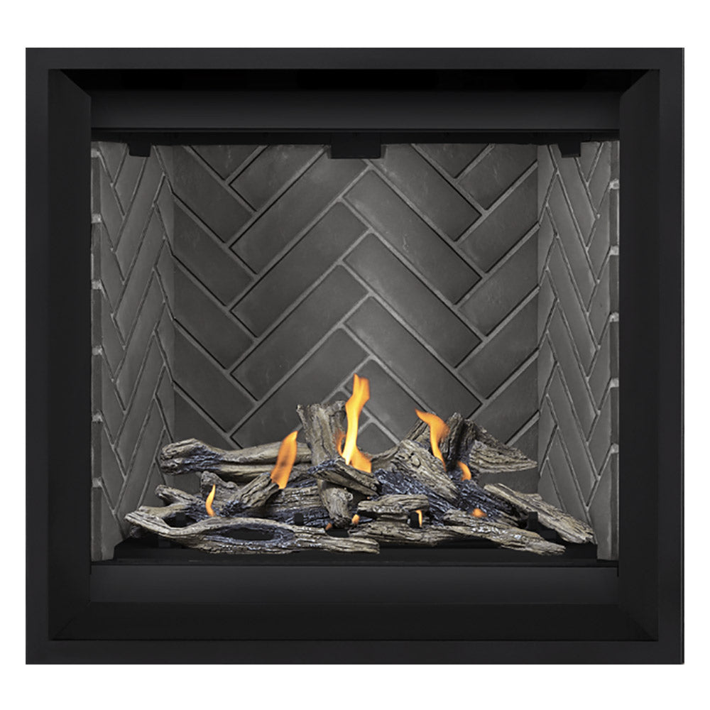 Black direct vent gas fireplace with dark logs, orange flames, and gray herringbone back panel