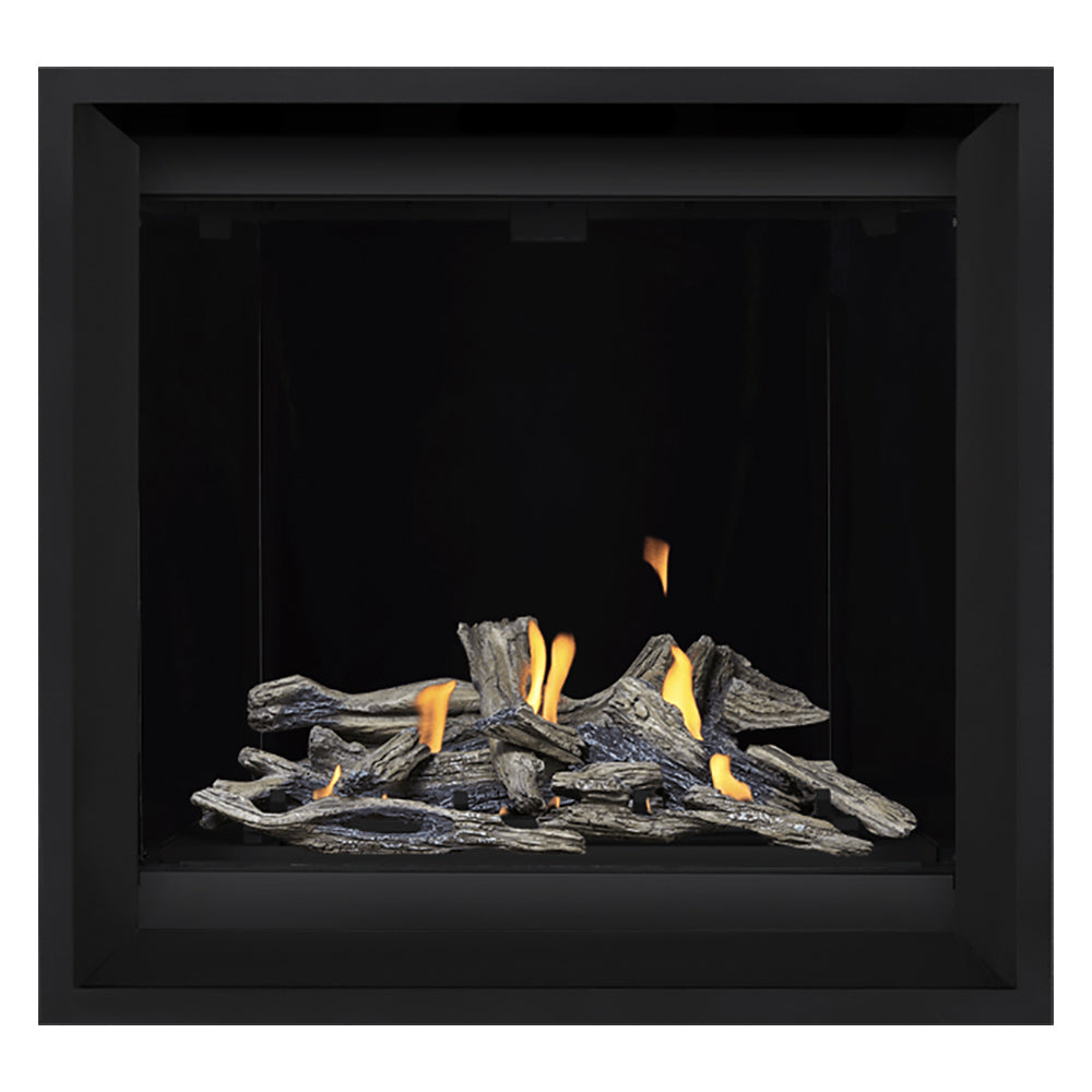 Black-framed gas fireplace with burning log set and glowing orange flames