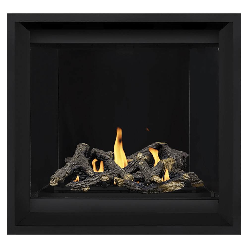 Black direct vent gas fireplace with dark logs and orange flames, shown in front view