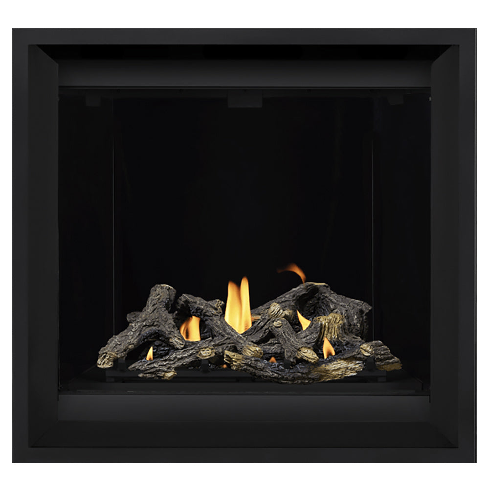 Black-framed gas fireplace with burning log set and yellow flames