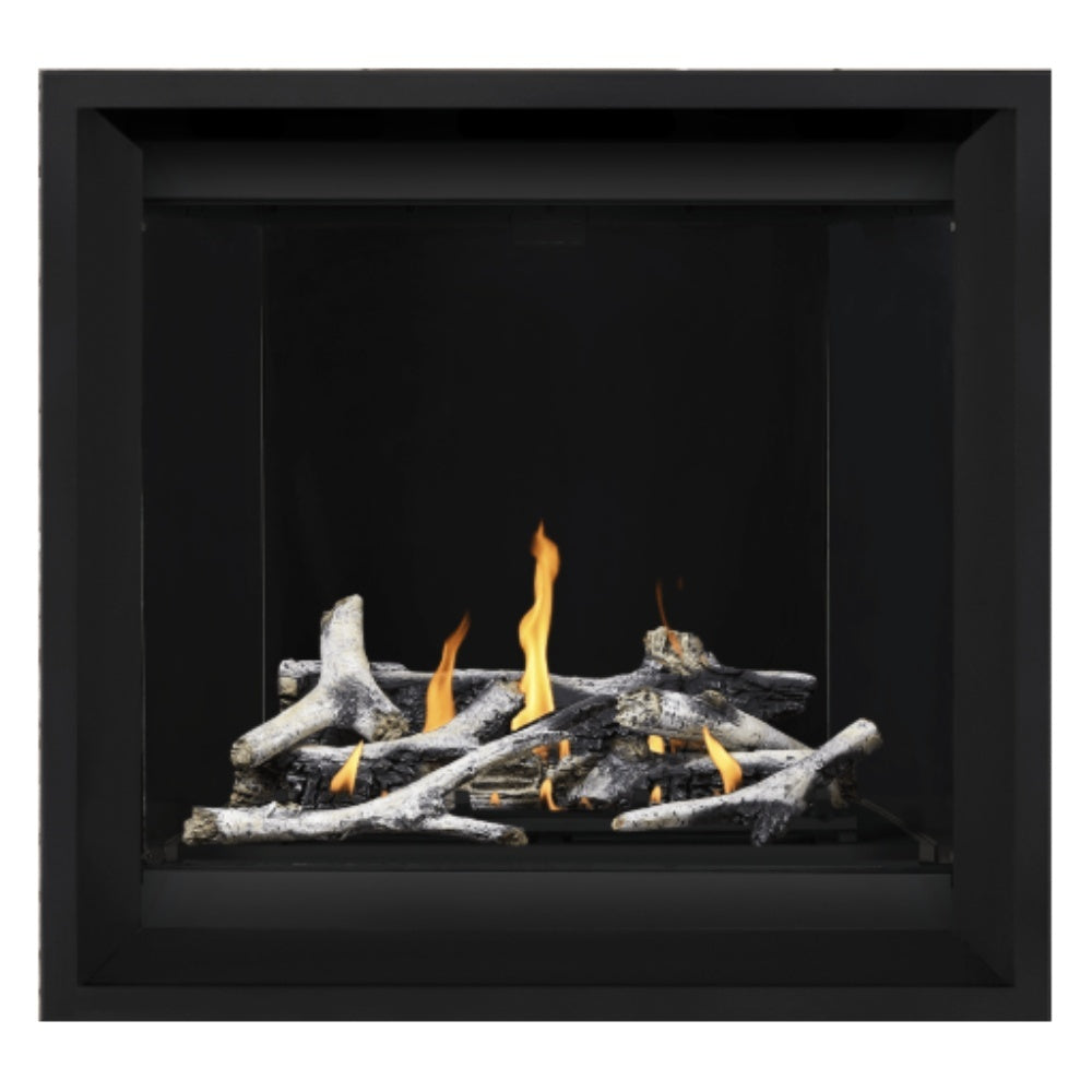 Black direct vent gas fireplace with burning logs and flames in firebox