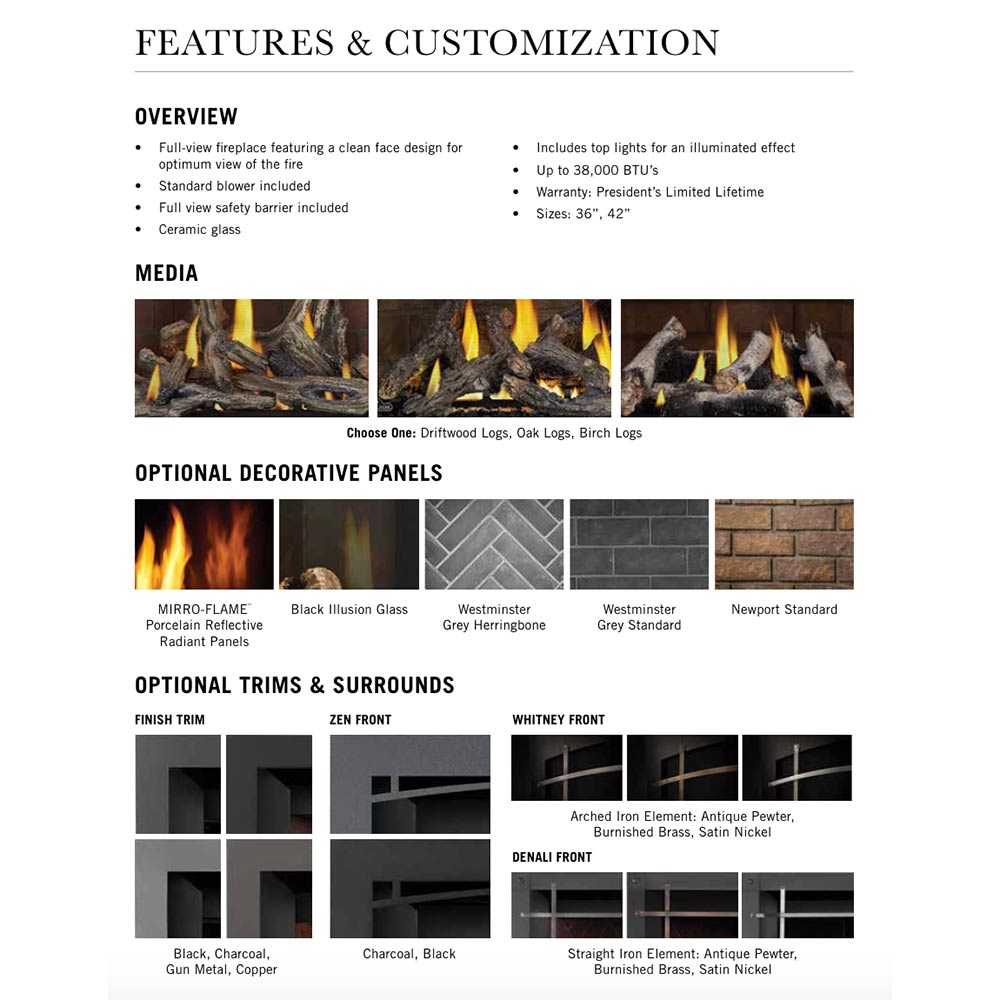 Gas fireplace features chart showing media and optional decorative panel choices
