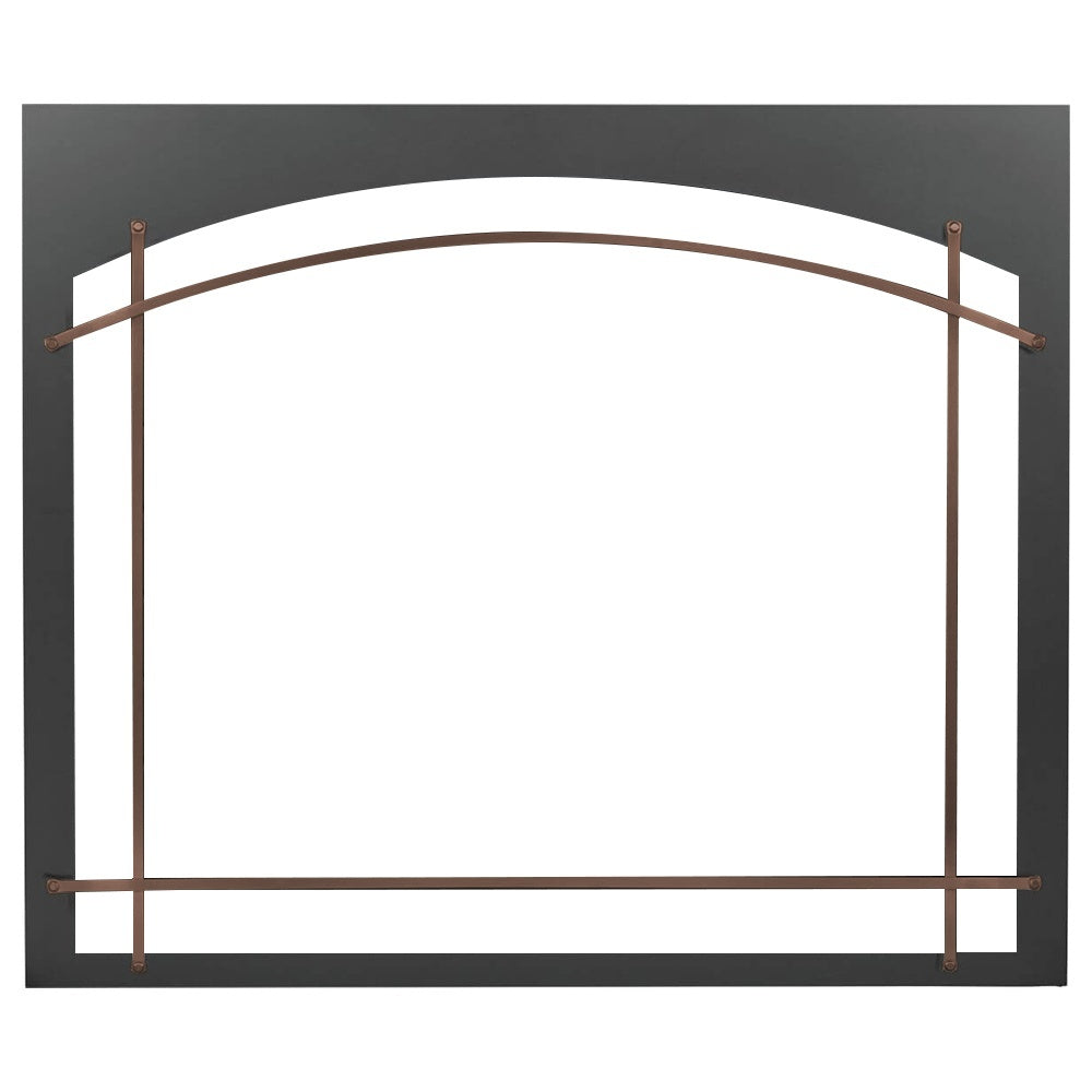 Black decorative gas fireplace front with arched top bar, vertical posts, and crossbar