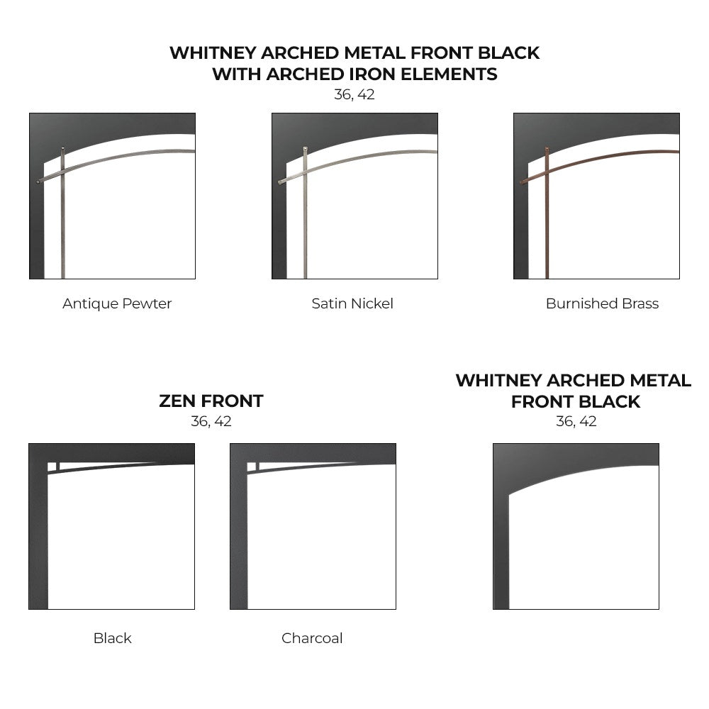 Decorative arched metal gas fireplace front finish options, shown in multiple colors
