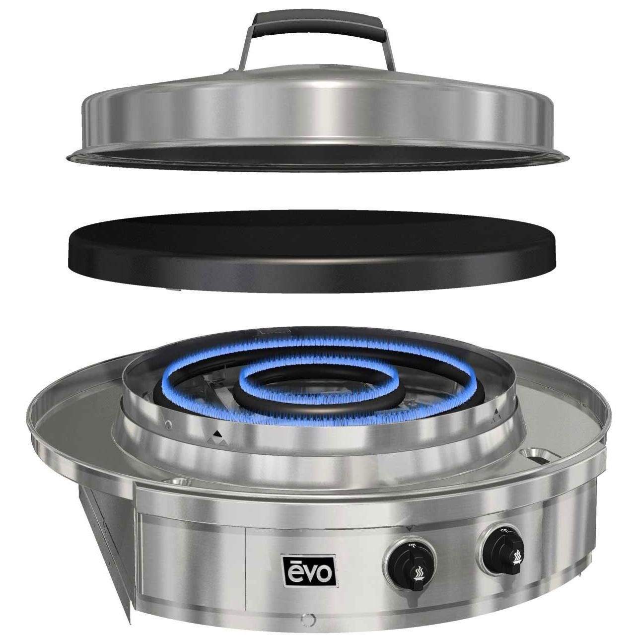 Built-in gas grill with stainless steel base, black lid, and blue lit burner