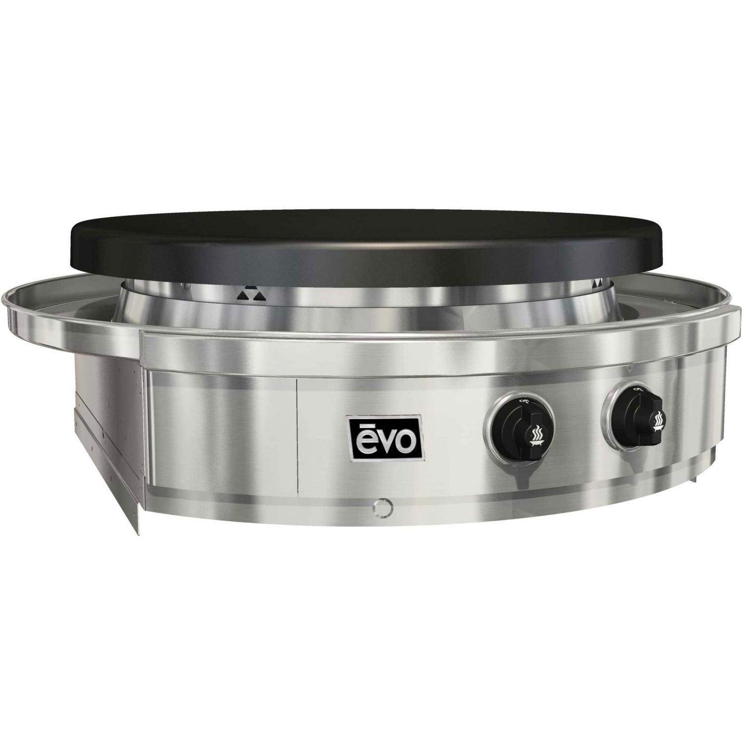 Built-in gas grill with stainless steel body and black lid, front control knobs