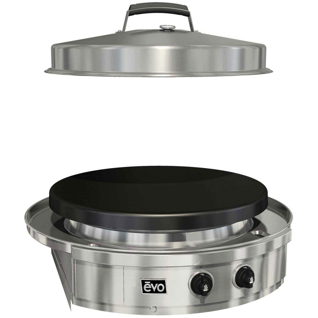 Built-in gas grill with stainless steel body and black round lid, lid raised