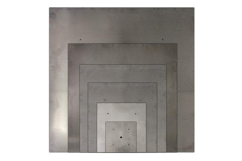 Flat square fire pit burner pan with recessed inner frame and small circular holes