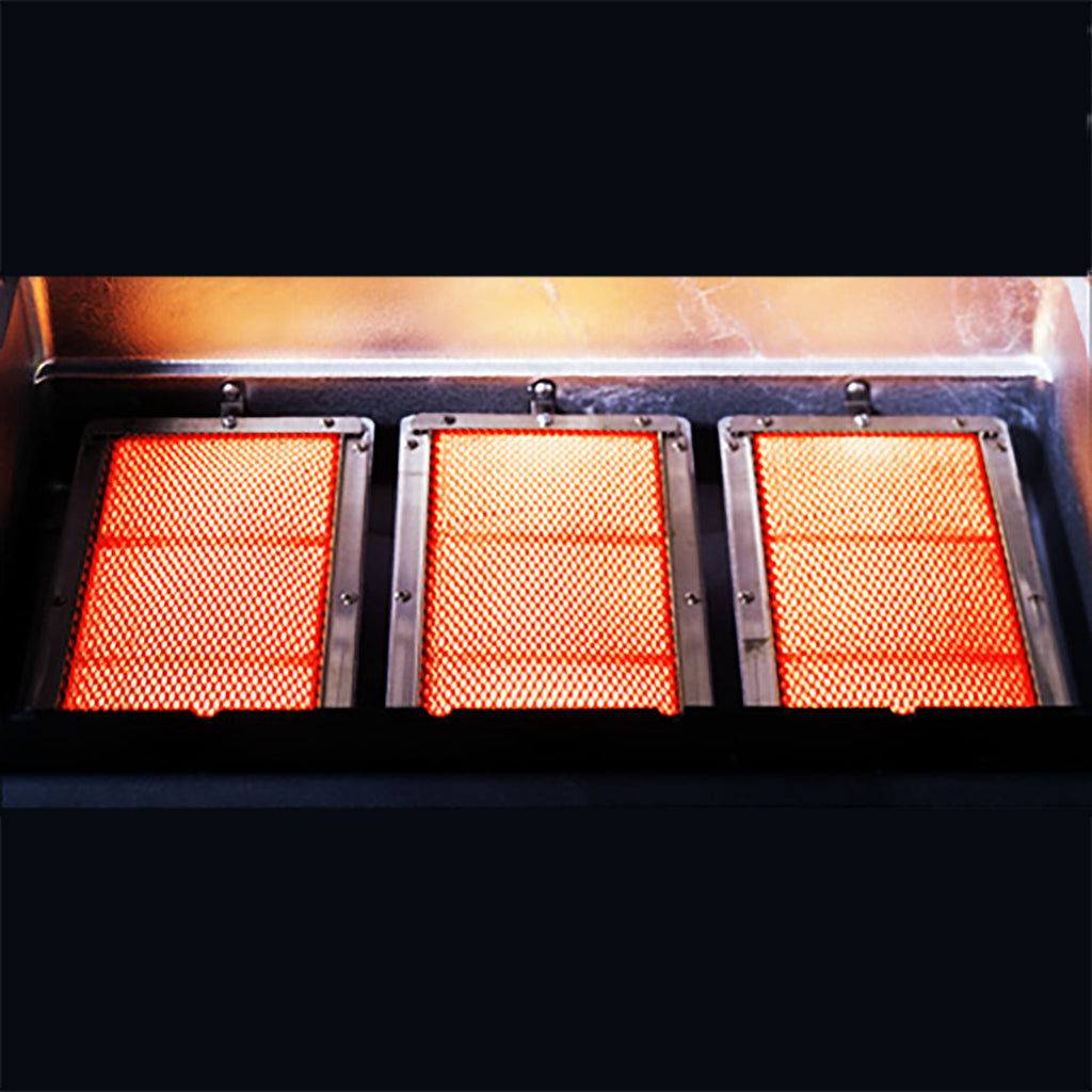 Infrared grill emitters glowing behind front viewing panels on an all-infrared gas grill