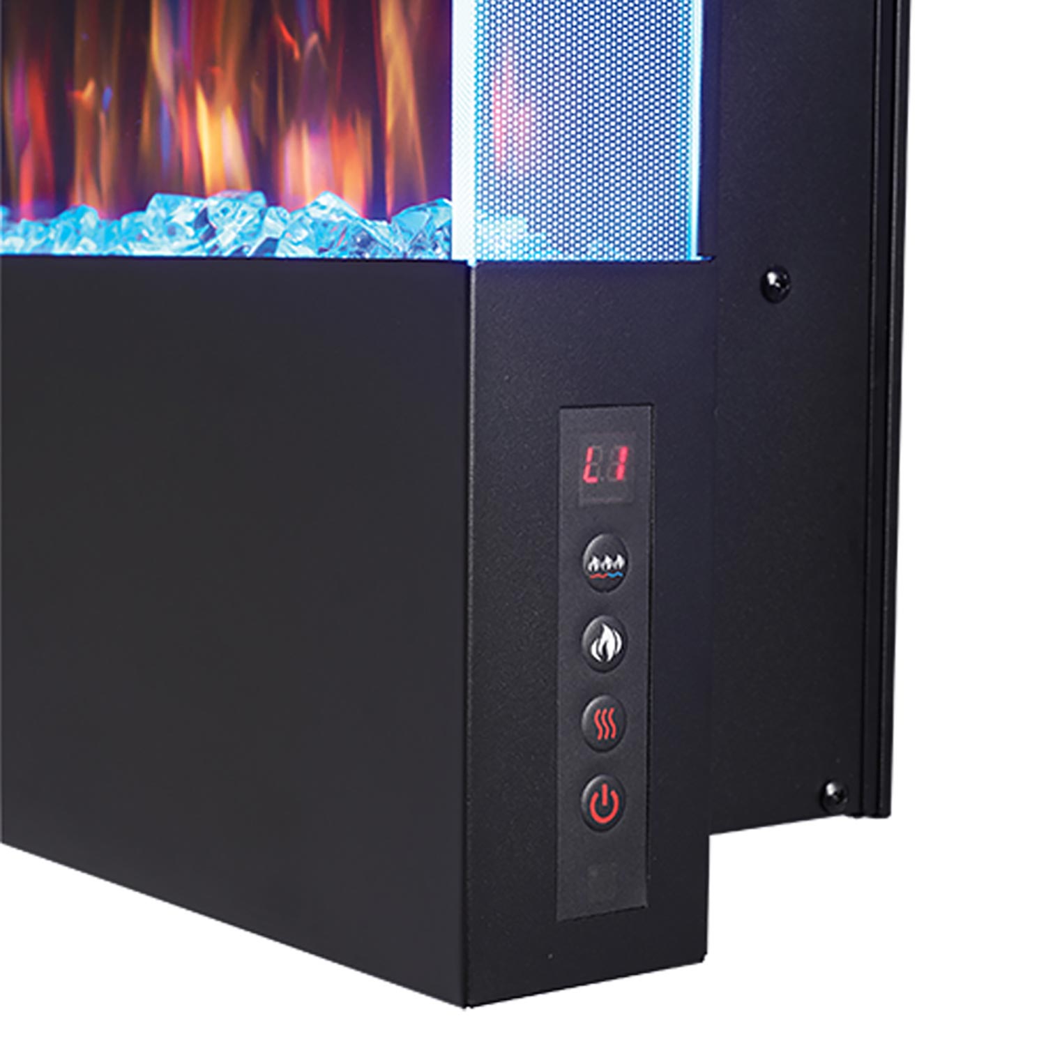 Electric fireplace control panel with power and flame control buttons