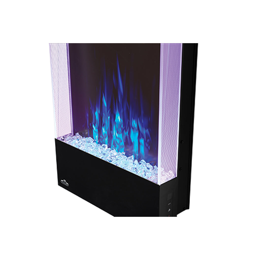 Vertical built-in electric fireplace with lit flame display and glass front