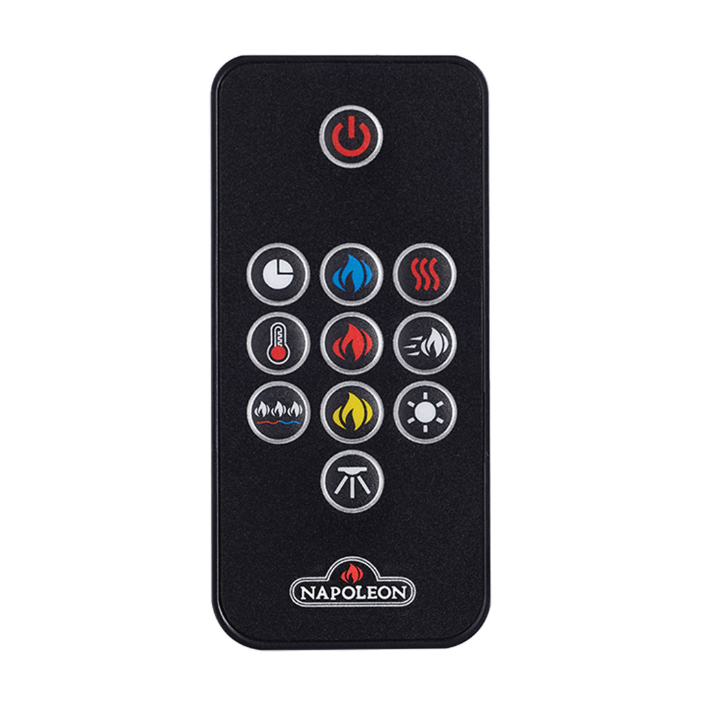 Electric fireplace remote with circular icon buttons for heat and flame modes