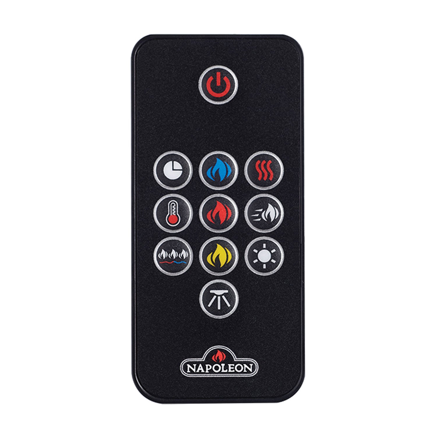 Electric fireplace remote with circular icon buttons for heat and flame modes
