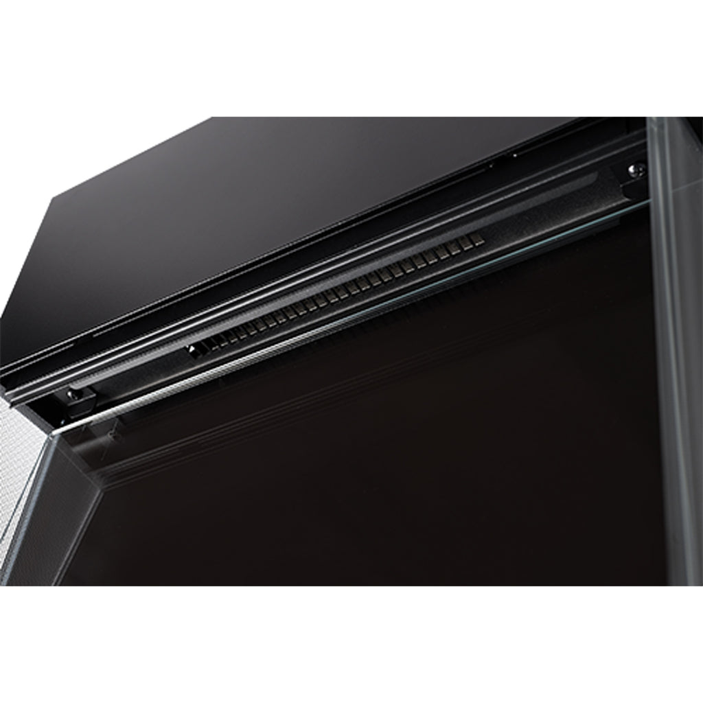 Electric fireplace vent grille along the top edge with slim black housing