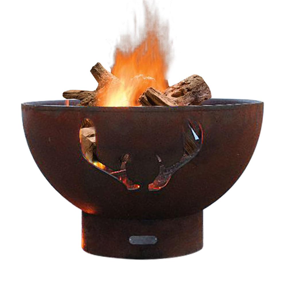 Steel fire pit with antler cutout design, open bowl with flames