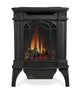 Black cast iron direct vent stove with glass front and glowing flames, electronic ignition