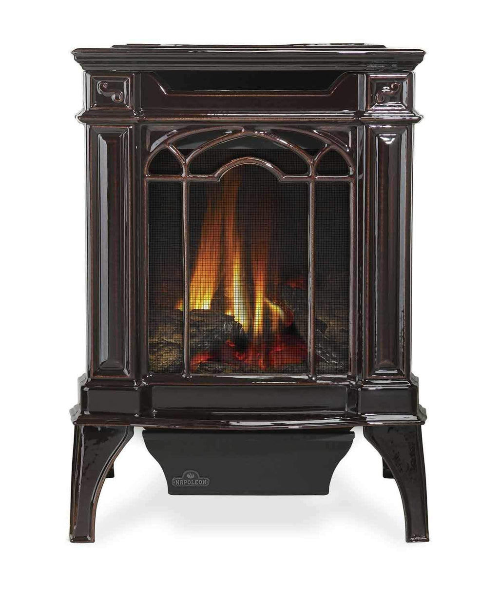 Porcelain gas stove with arched glass door and flame view, dark brown finish
