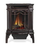 Porcelain gas stove with arched glass door and flame view, dark brown finish