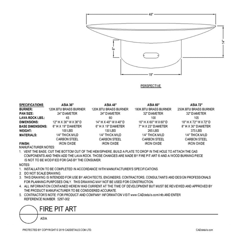 Fire pit technical diagram with dimensions and labeled perspective view