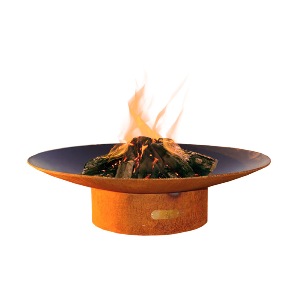 Round wood fire pit bowl with orange base and open black rim, flames burning